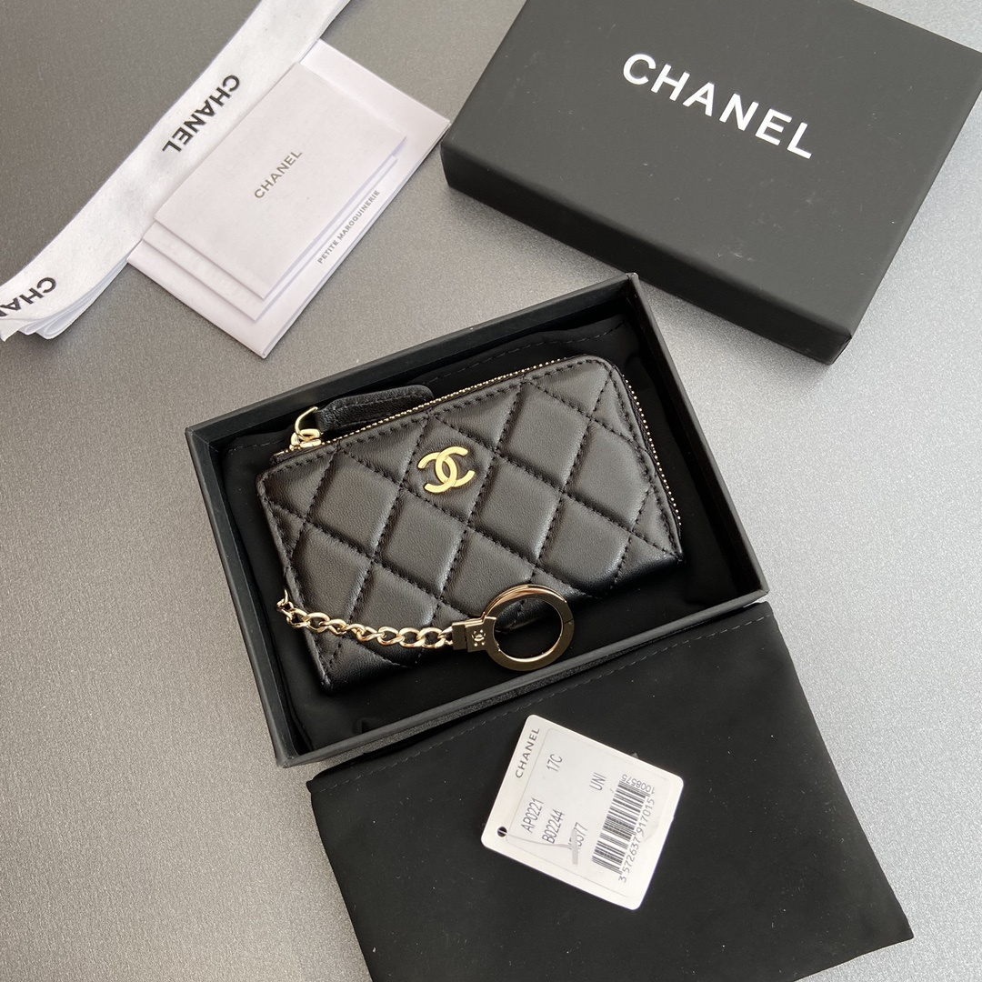 高仿Chanel*AP0222零錢包黑色小羊皮金扣免檢版