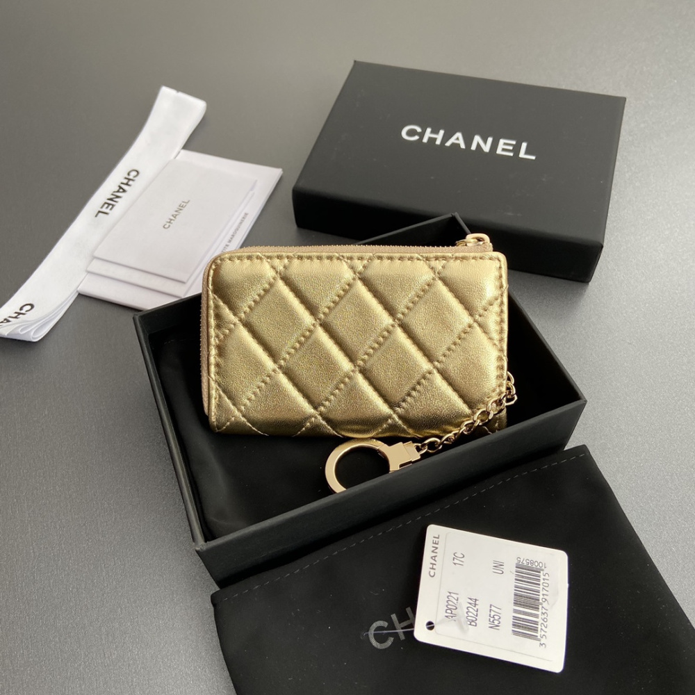 高仿Chanel*AP0224零錢包金色小羊皮金扣免檢版