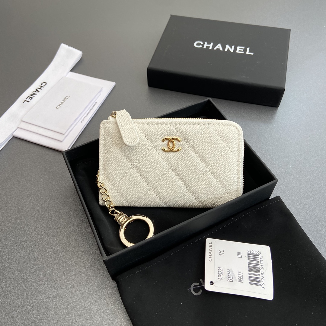 高仿Chanel*AP0223零錢包白色魚子醬金扣免檢版