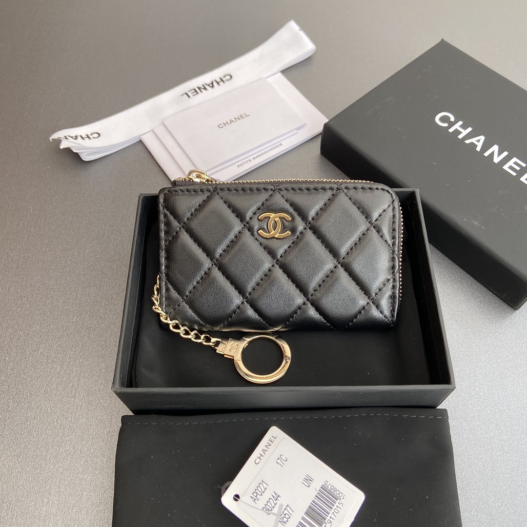 高仿Chanel*AP0222零錢包黑色小羊皮金扣免檢版