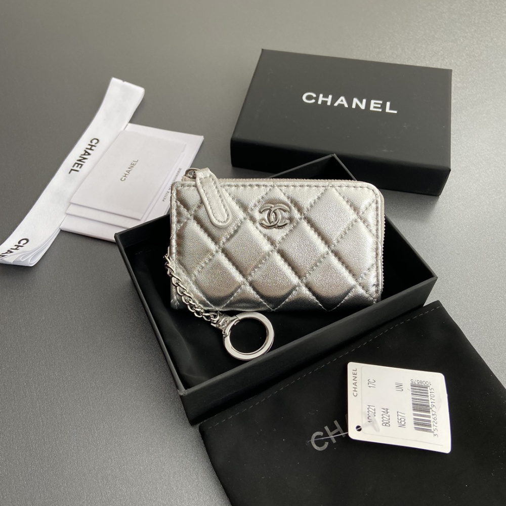 高仿Chanel*AP0224零錢包銀色小羊皮銀扣免檢版