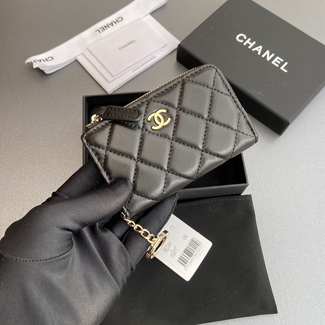高仿Chanel*AP0222零錢包黑色小羊皮金扣免檢版