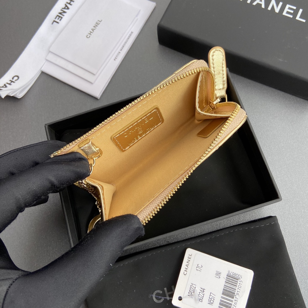 高仿Chanel*AP0224零錢包金色小羊皮金扣免檢版