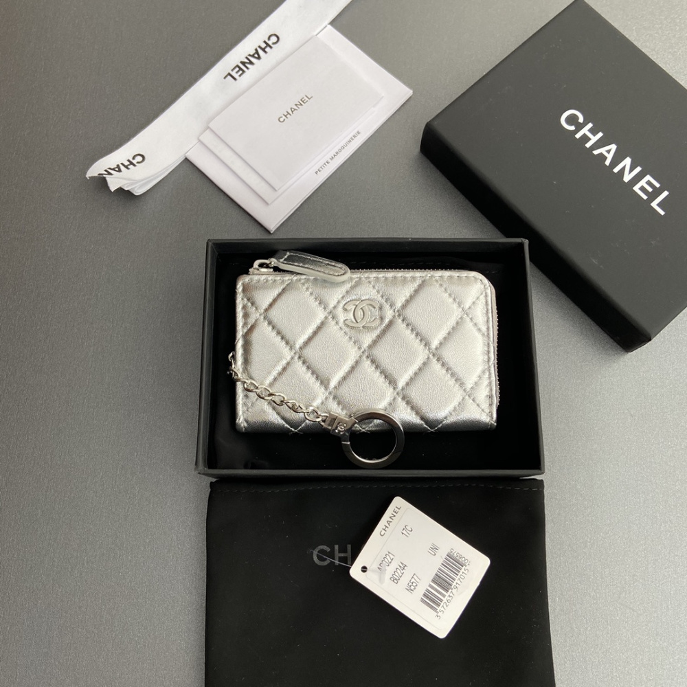 高仿Chanel*AP0224零錢包銀色小羊皮銀扣免檢版