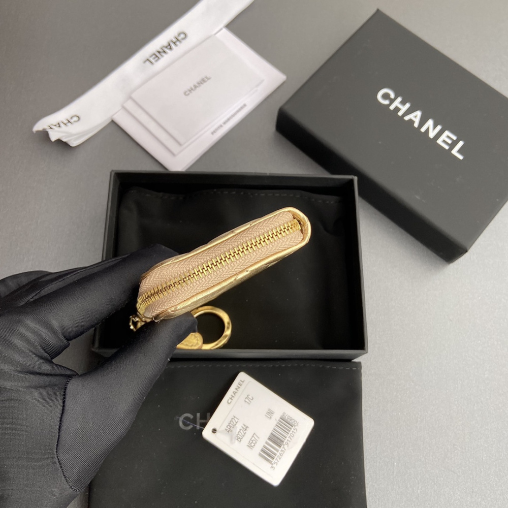 高仿Chanel*AP0224零錢包金色小羊皮金扣免檢版