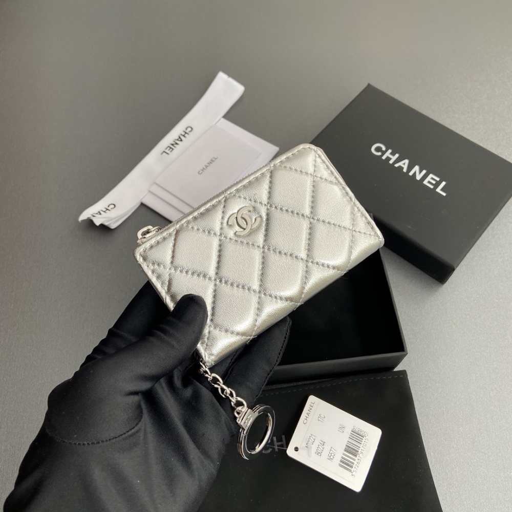 高仿Chanel*AP0224零錢包銀色小羊皮銀扣免檢版