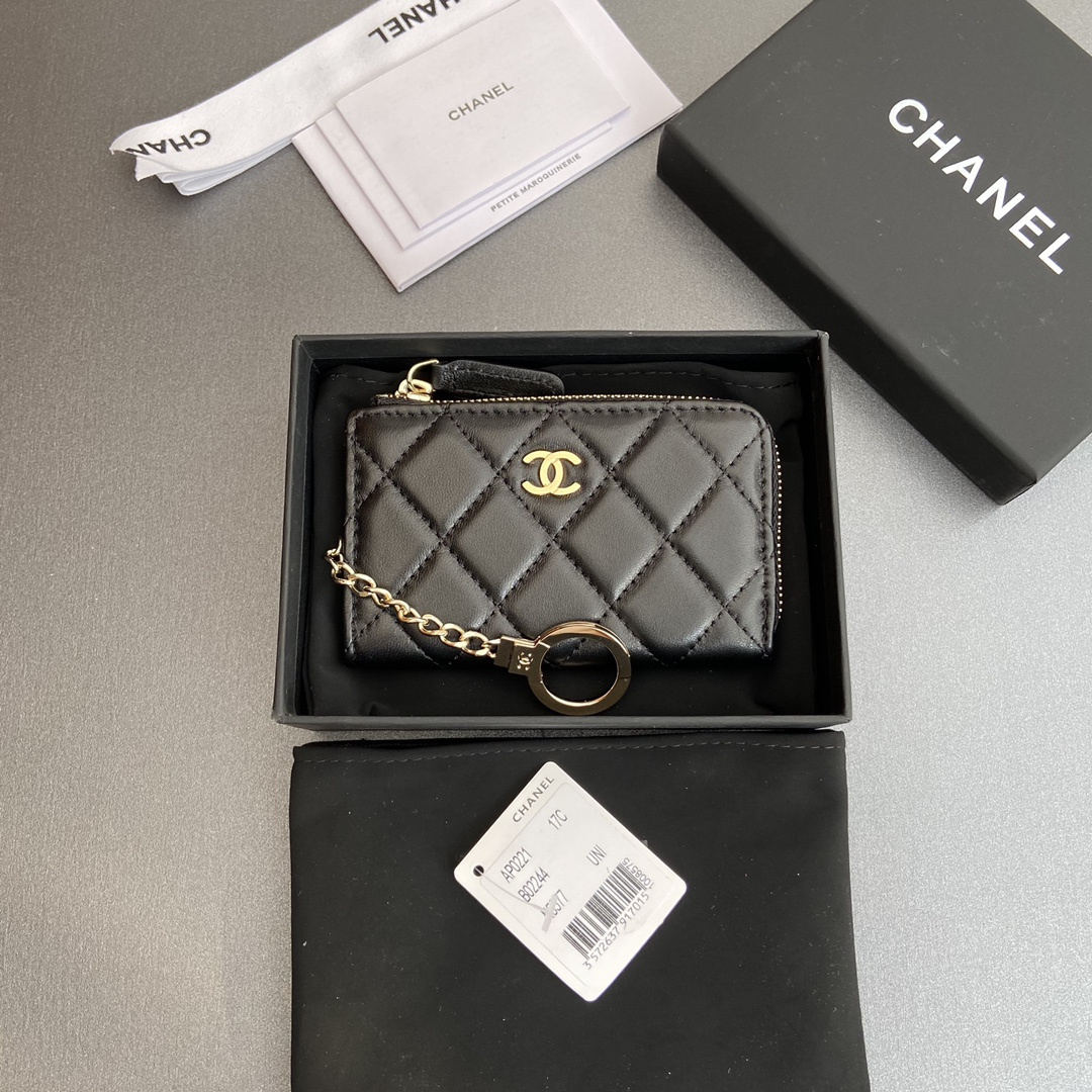 高仿Chanel*AP0222零錢包黑色小羊皮金扣免檢版