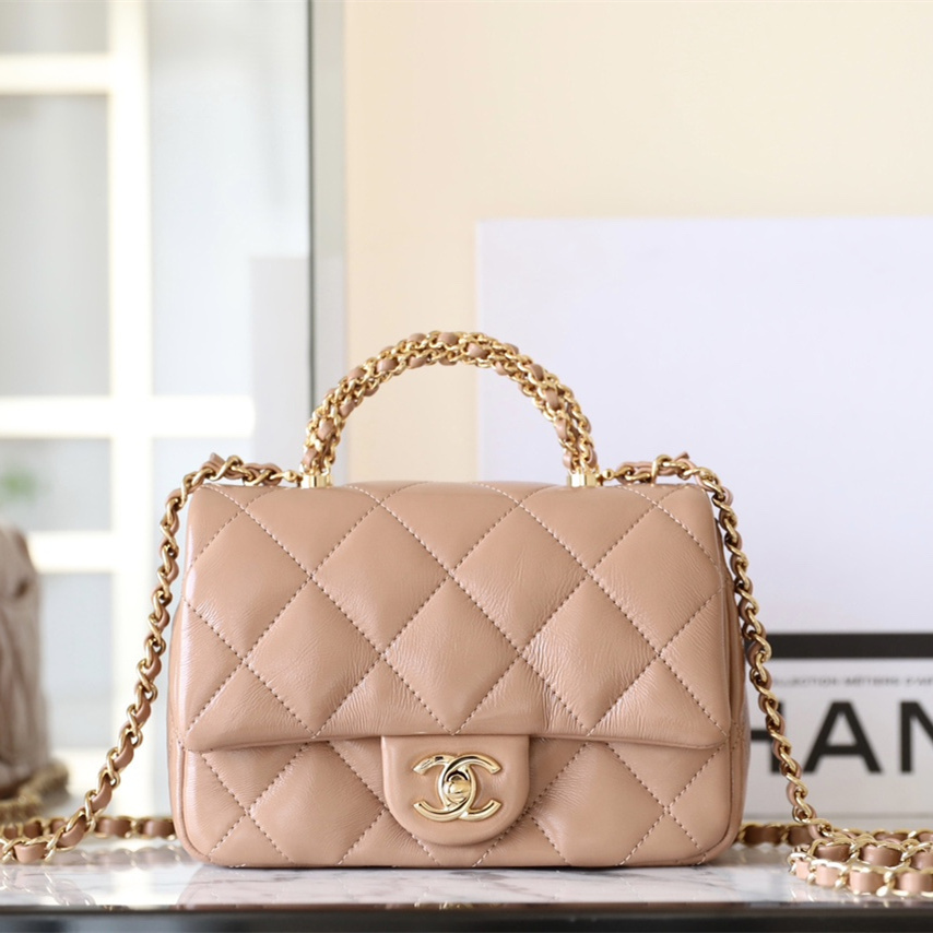 高仿Chanel*24B系列AS3392小羊皮郵差包奶茶色免檢版