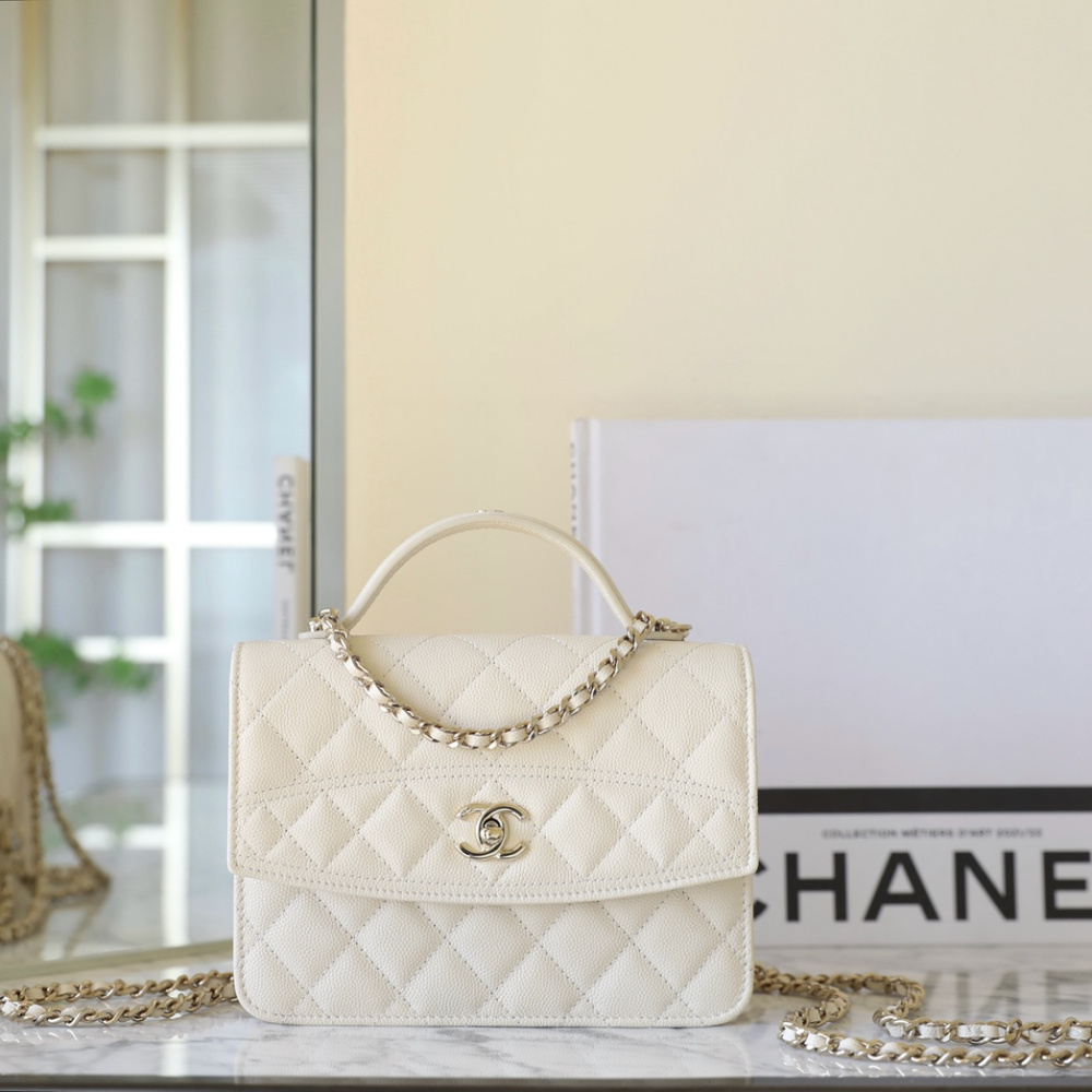 高仿Chanel*25C系列AS4406小球紋牛皮郵差包白色免檢版