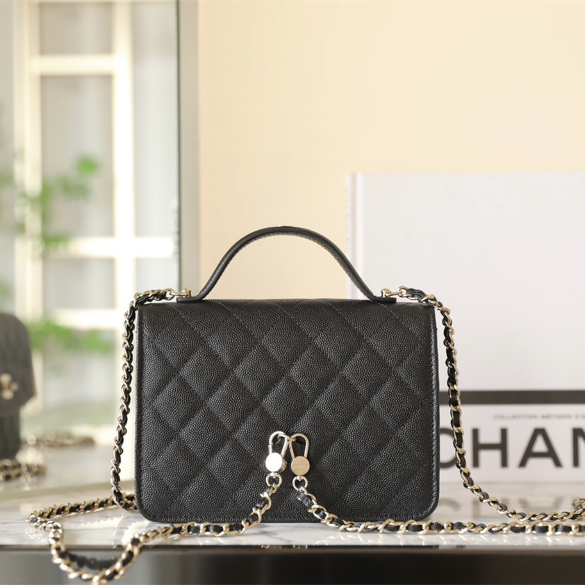 高仿Chanel*25C系列AS4406小球紋牛皮郵差包黑色免檢版