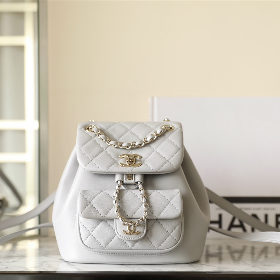 高仿Chanel*24K系列AS2908小牛皮淡灰雙肩包小號免檢版