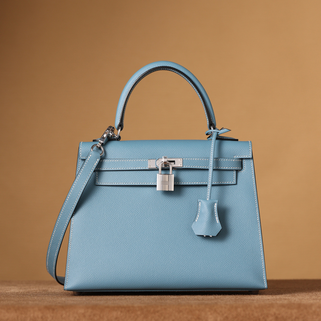 高仿Hermes*Kelly25Epsom牛皮牛仔藍銀扣/純手工