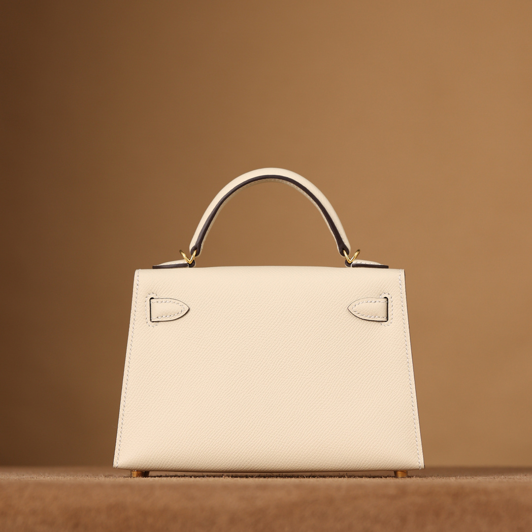 高仿Hermes*Kelly二代Mini銀扣Epsom牛皮奶油白/金扣純手工