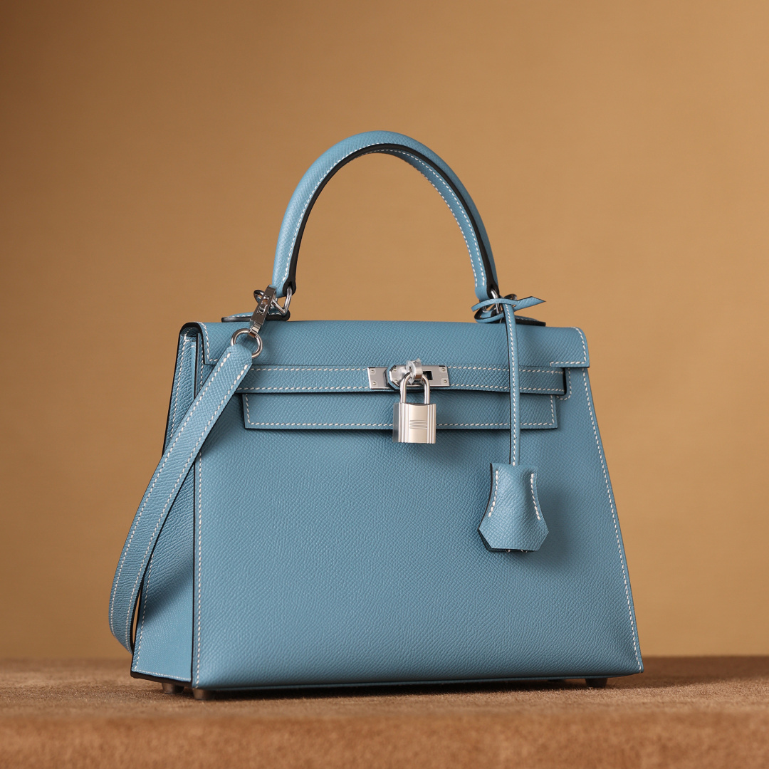 高仿Hermes*Kelly25Epsom牛皮牛仔藍銀扣/純手工
