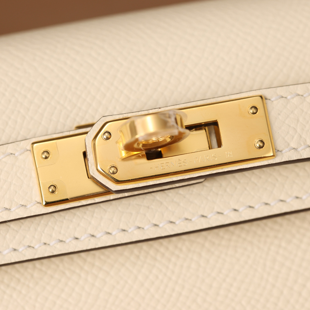 高仿Hermes*Kelly二代Mini銀扣Epsom牛皮奶油白/金扣純手工