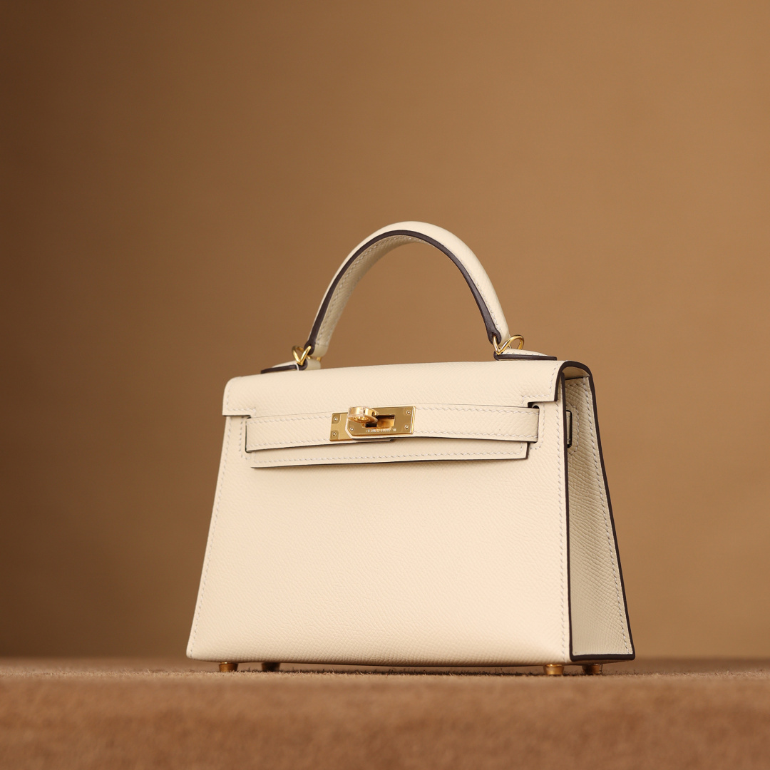 高仿Hermes*Kelly二代Mini銀扣Epsom牛皮奶油白/金扣純手工