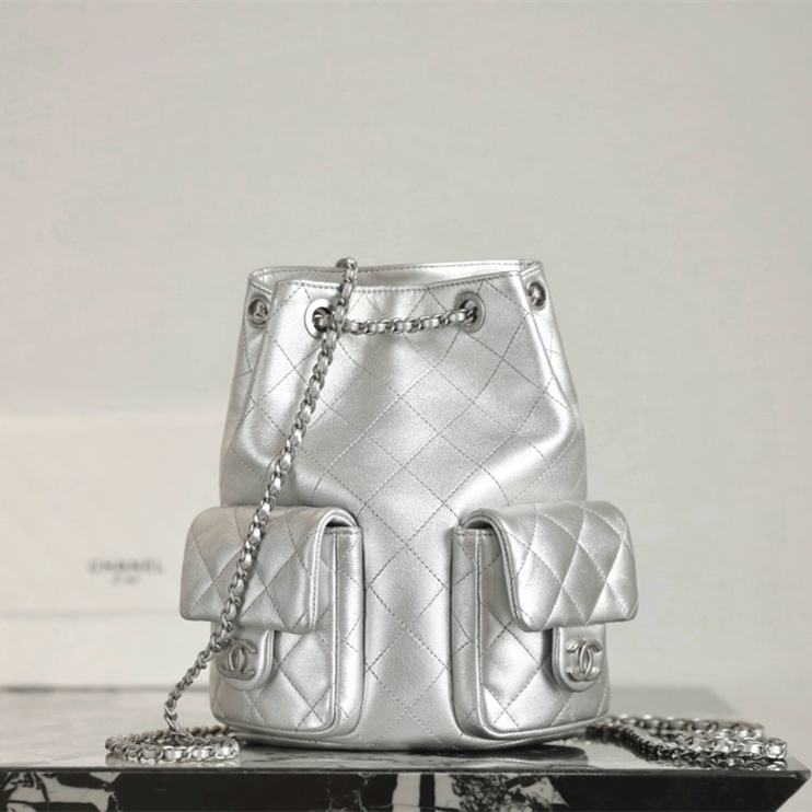 高仿Chanel*25C系列AS5310小羊皮雙肩袋銀色免檢版