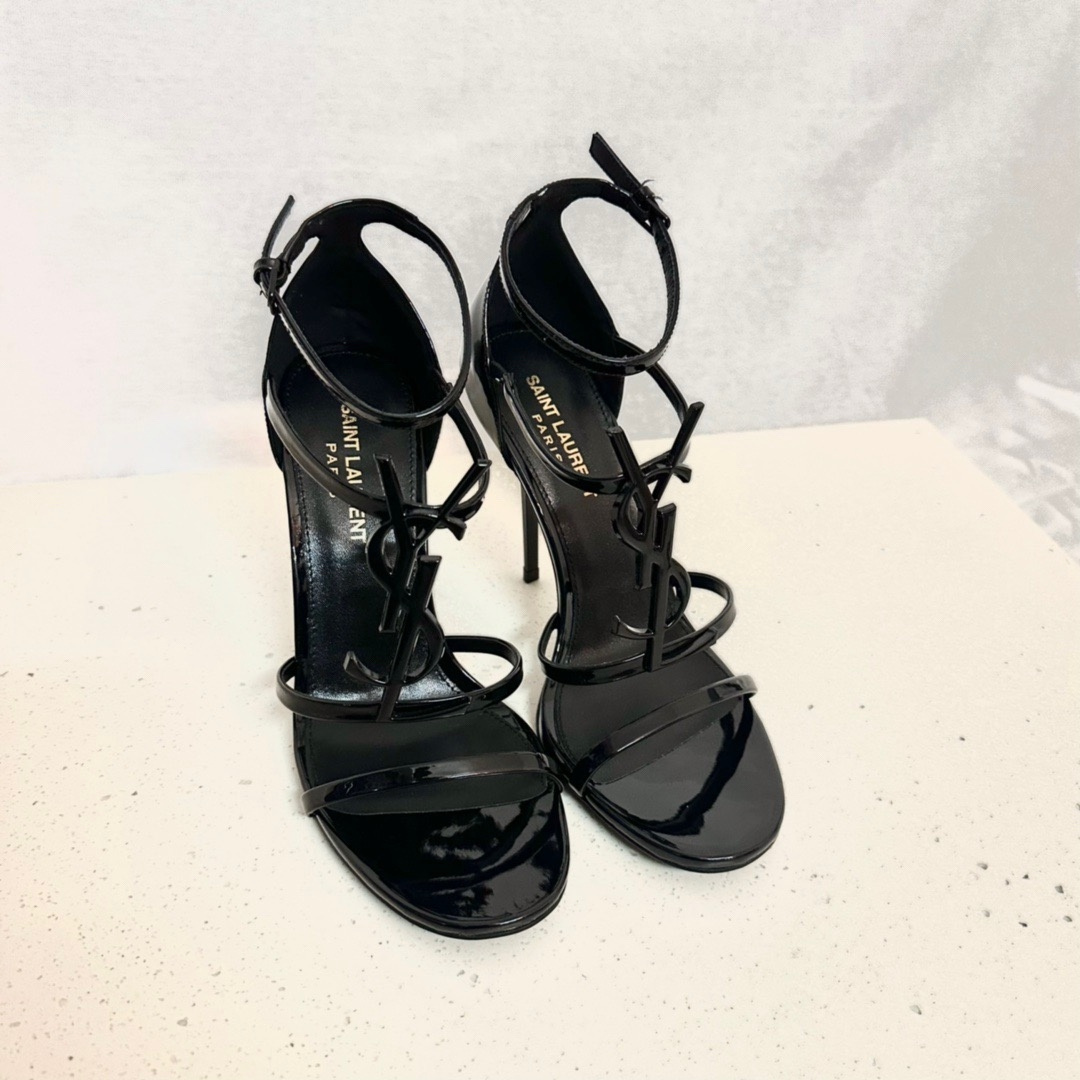 高仿YSL/聖羅蘭*Cassandra系列6301390高踭涼鞋漆皮黑色免檢版