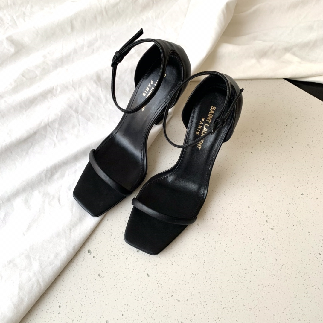 高仿YSL*5576791搭扣LOGO高踭涼鞋黑色免檢版