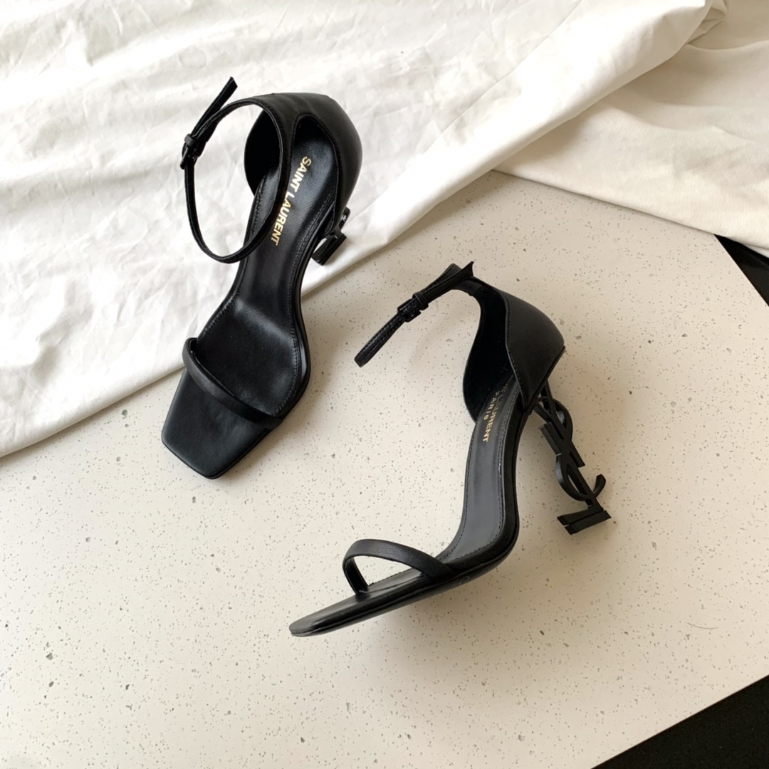 高仿YSL*5576791搭扣LOGO高踭涼鞋黑色免檢版