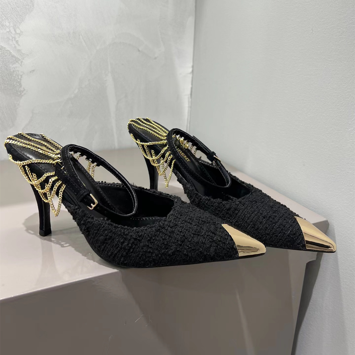 高仿YSL/聖羅蘭*6738380鏈條織物金屬尖頭高踭鞋黑色免檢版