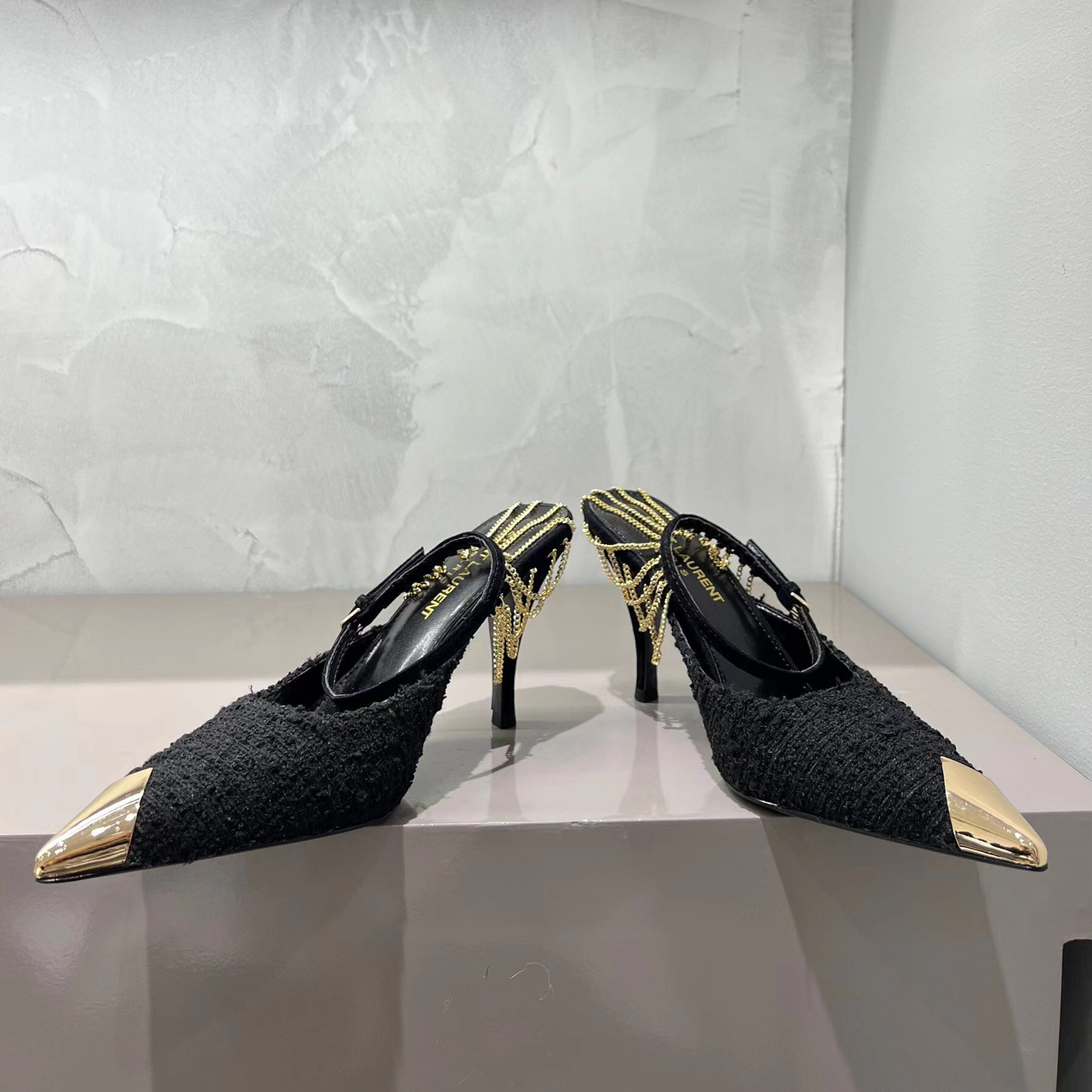 高仿YSL/聖羅蘭*6738380鏈條織物金屬尖頭高踭鞋黑色免檢版