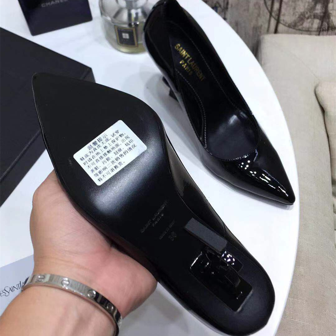 高仿YSL/聖羅蘭Opyum85系列4841602異性高踭單鞋黑色漆皮免檢版
