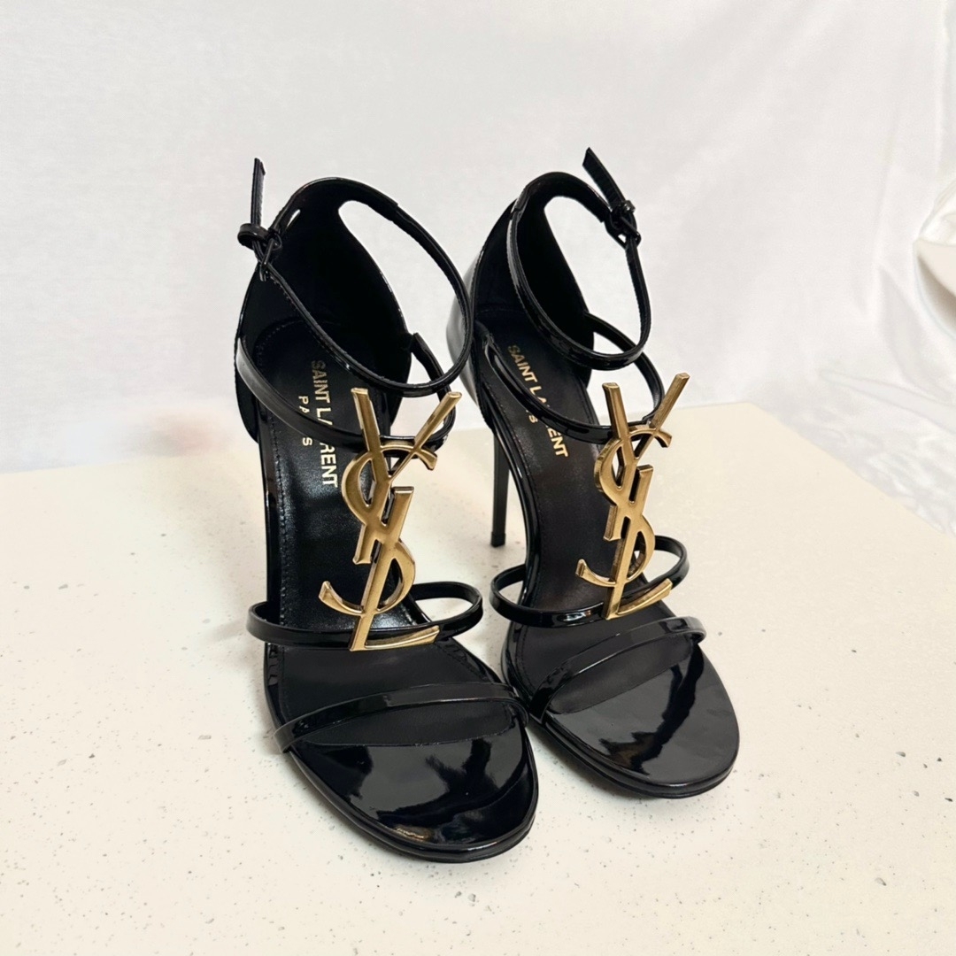 高仿YSL/聖羅蘭*Cassandra系列6301391高踭涼鞋漆皮黑金免檢版