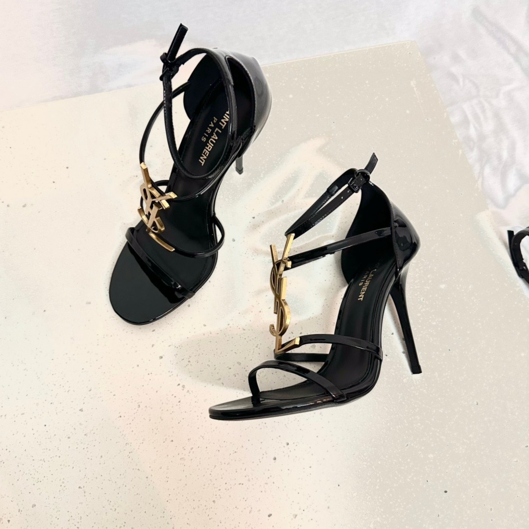 高仿YSL/聖羅蘭*Cassandra系列6301391高踭涼鞋漆皮黑金免檢版