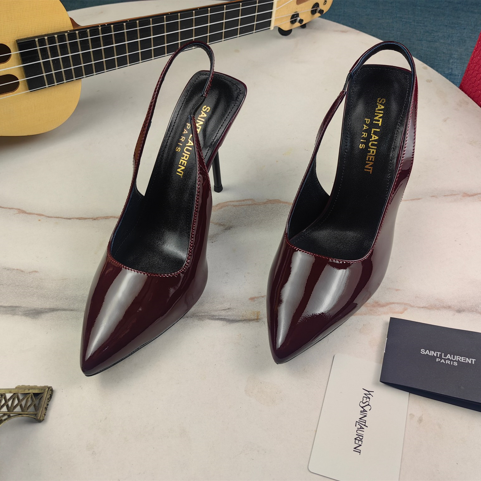 高仿YSL/聖羅蘭*Cherish系列755208B尖頭高跟鞋棕漆皮免檢版