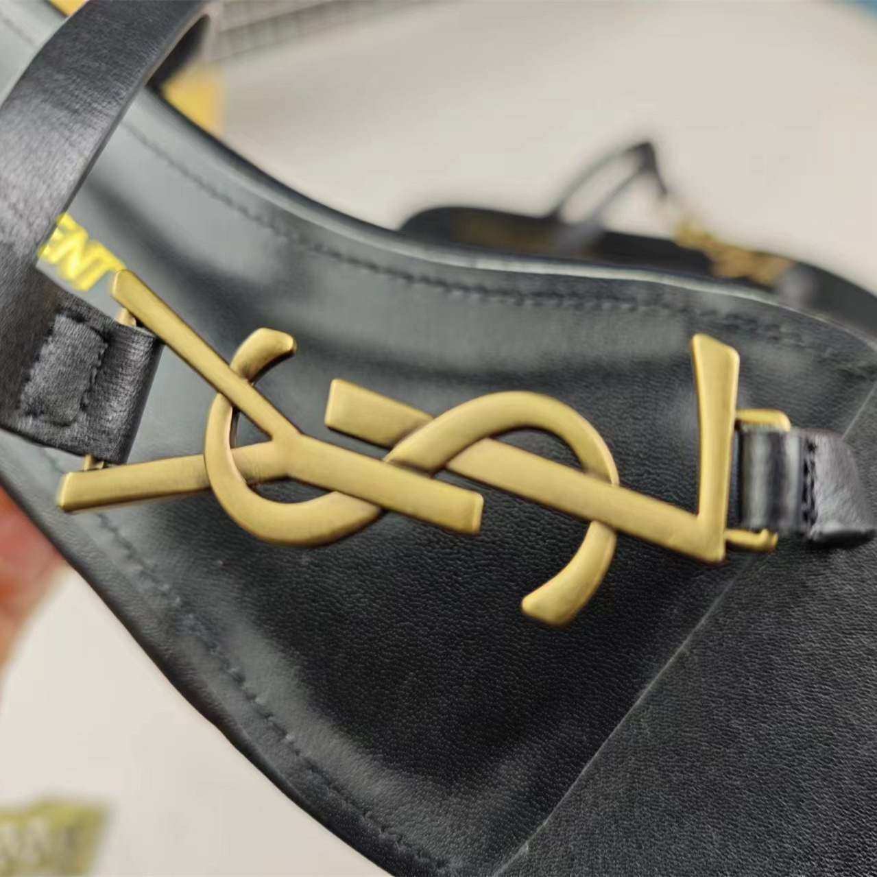 高仿YSL/聖羅蘭*Cassandra系列6579111/LOGO裝飾涼鞋黑金免檢版