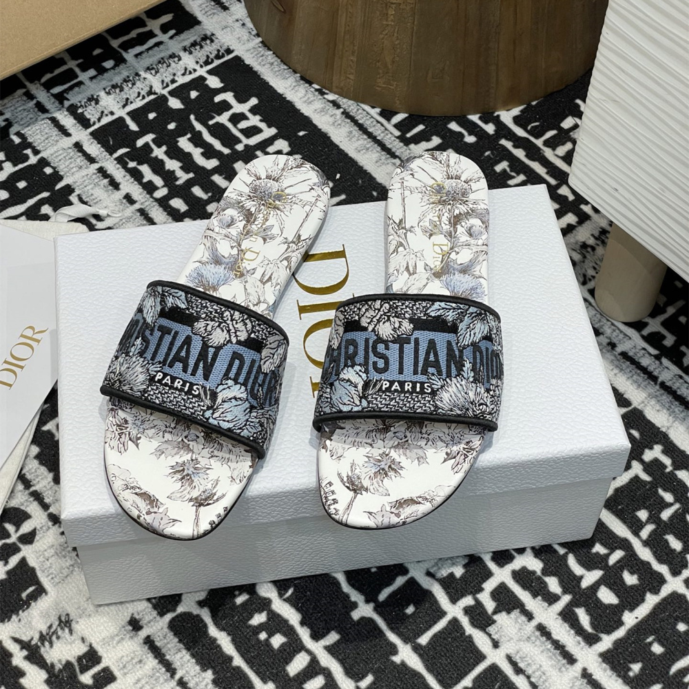 高仿Dior*Dway系列KCO214圓頭套腳拖鞋平底藍色彩花免檢版