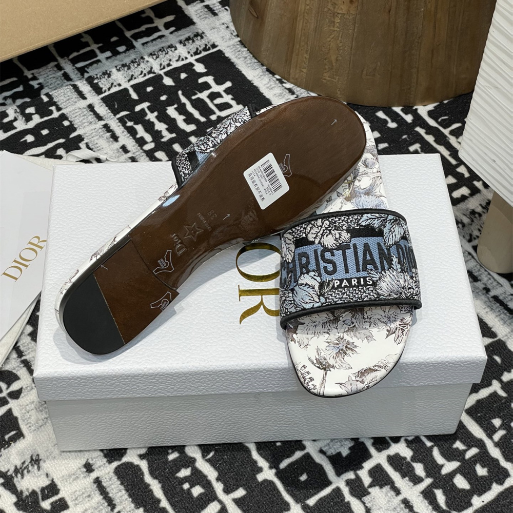 高仿Dior*Dway系列KCO214圓頭套腳拖鞋平底藍色彩花免檢版
