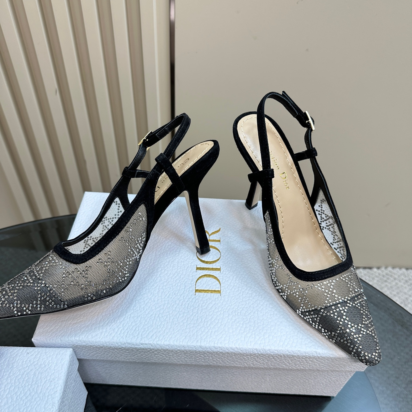 高仿Dior*Capture系列KCV303網鑽細高踭鞋10CM黑色免檢版