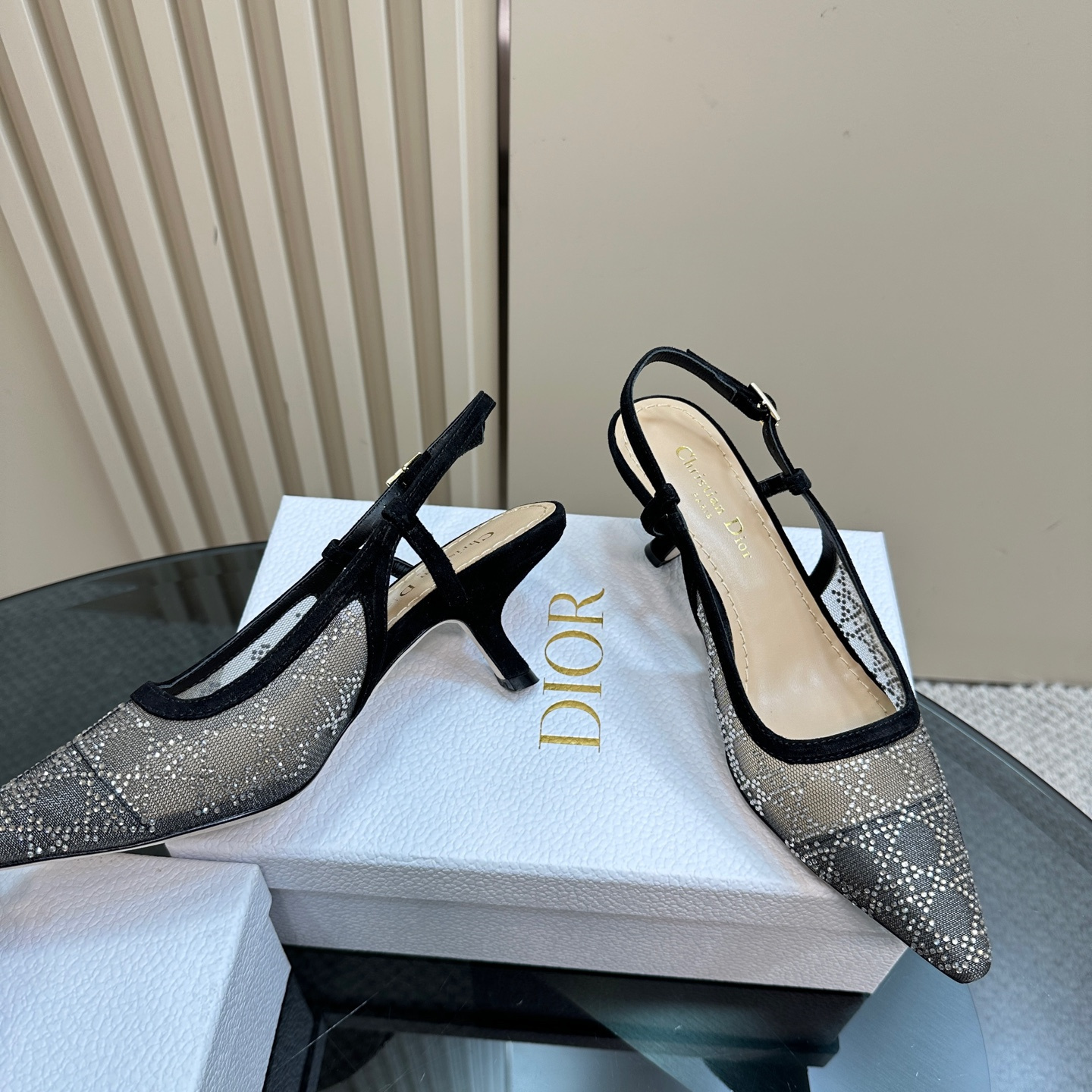 高仿Dior*Capture系列KCV304網鑽細高踭鞋6.5CM黑色免檢版