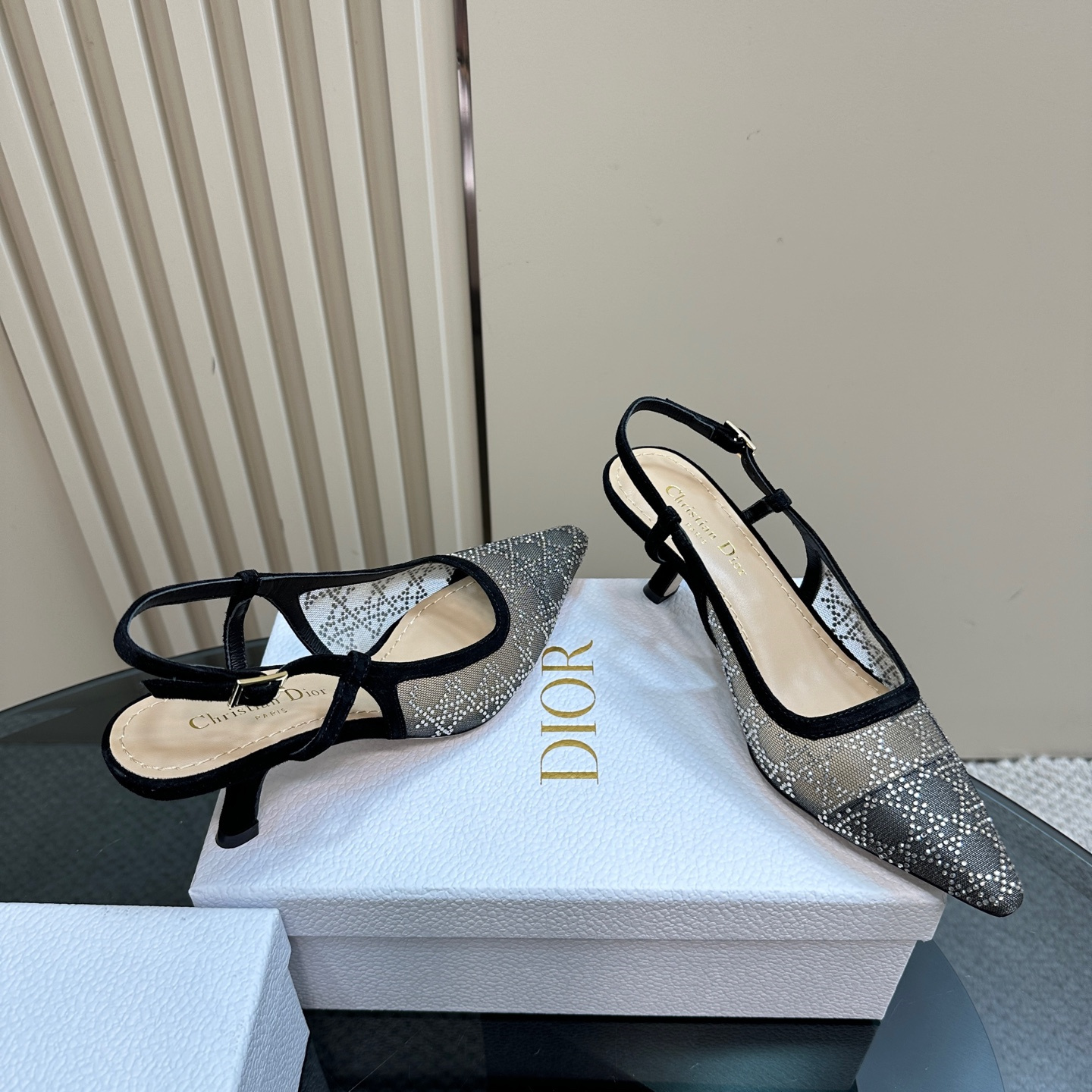 高仿Dior*Capture系列KCV304網鑽細高踭鞋6.5CM黑色免檢版