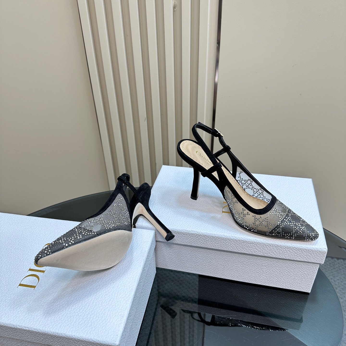高仿Dior*Capture系列KCV303網鑽細高踭鞋10CM黑色免檢版