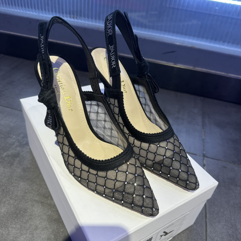 高仿Dior*JAdior系列KCV039尖頭露跟高踭鞋網面6.5CM黑色免檢版