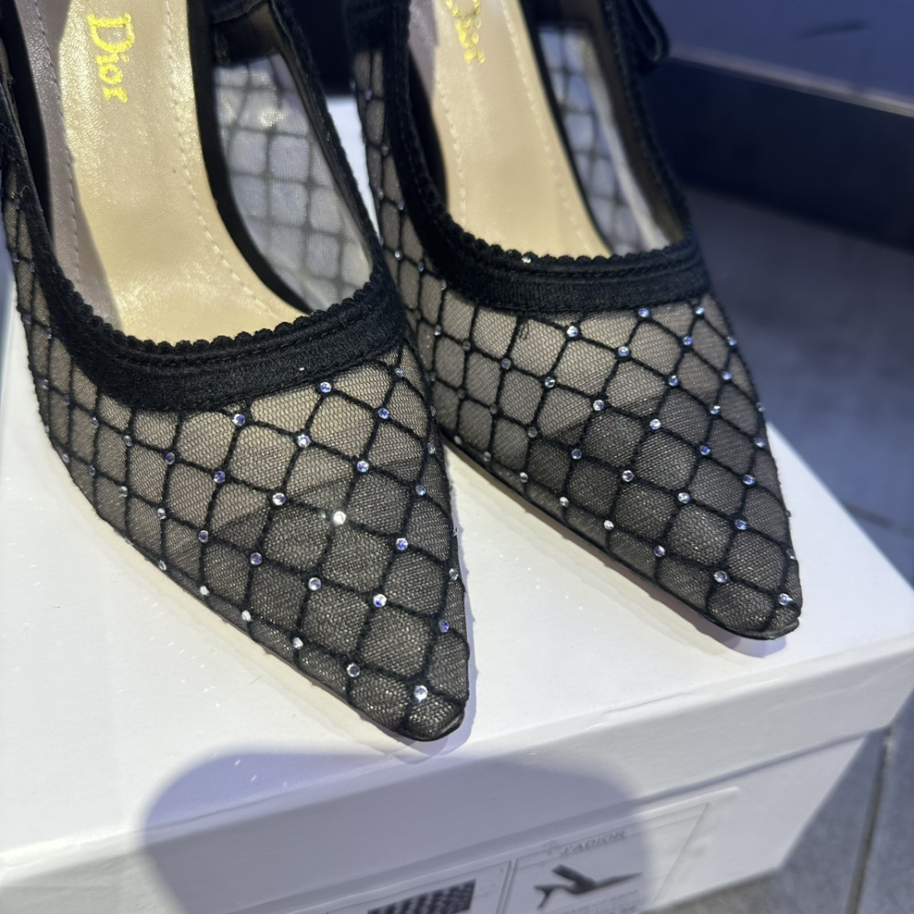 高仿Dior*JAdior系列KCV039尖頭露跟高踭鞋網面6.5CM黑色免檢版