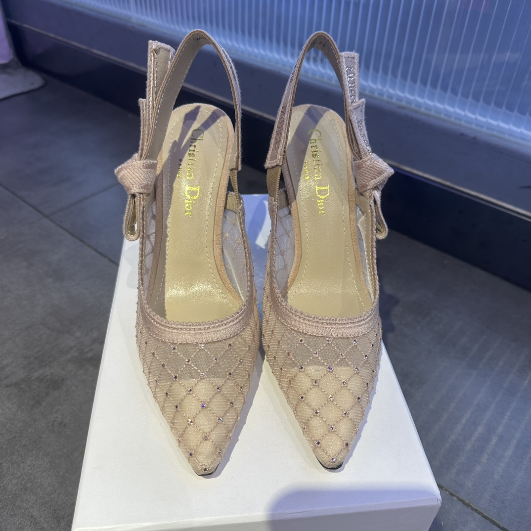 高仿Dior*JAdior系列KCV040尖頭露跟高踭鞋網面6.5CM粉色免檢版