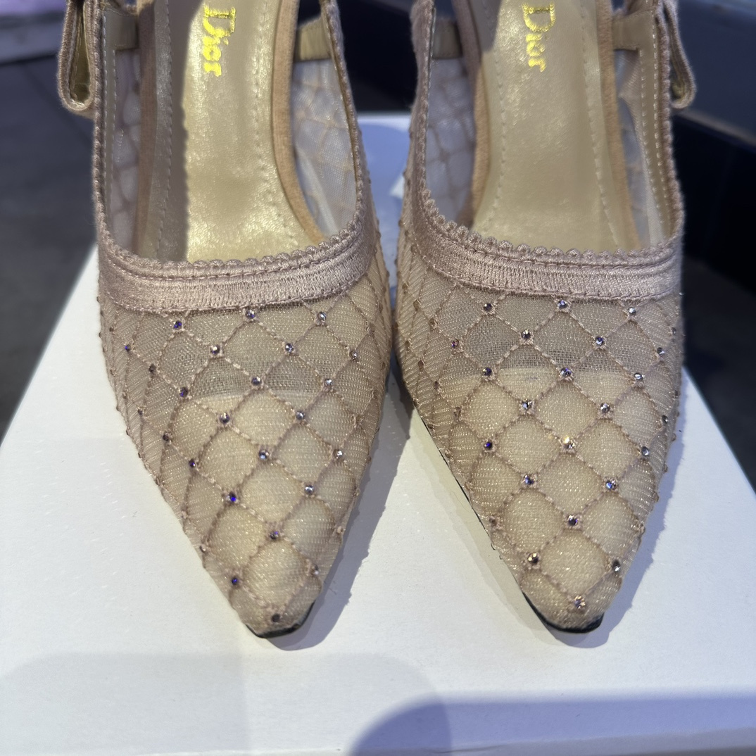 高仿Dior*JAdior系列KCV040尖頭露跟高踭鞋網面6.5CM粉色免檢版