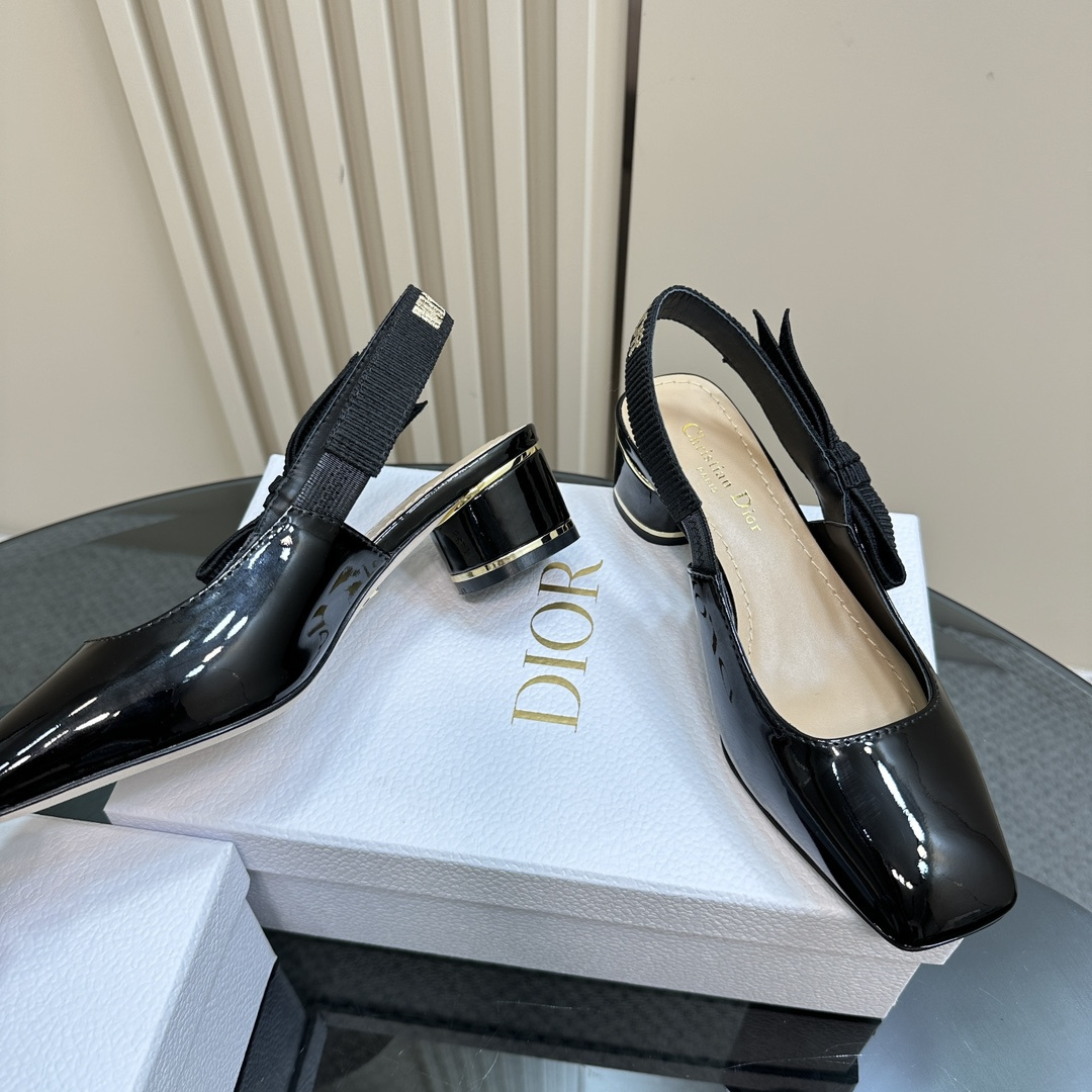 高仿Dior*Miss系列KAC260蝴蝶結粗跟高踭鞋4CM黑色漆皮免檢版