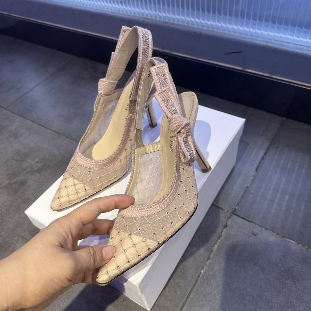 高仿Dior*JAdior系列KCV040尖頭露跟高踭鞋網面6.5CM粉色免檢版