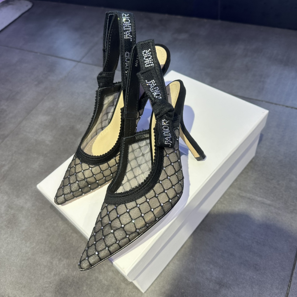 高仿Dior*JAdior系列KCV039尖頭露跟高踭鞋網面6.5CM黑色免檢版