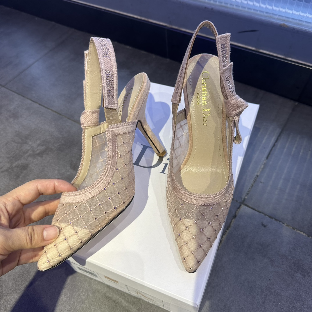 高仿Dior*JAdior系列KCV040尖頭露跟高踭鞋網面6.5CM粉色免檢版