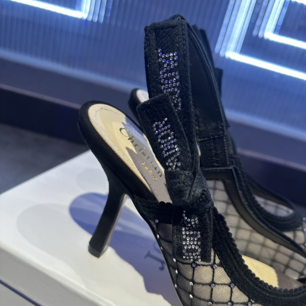 高仿Dior*JAdior系列KCV039尖頭露跟高踭鞋網面6.5CM黑色免檢版