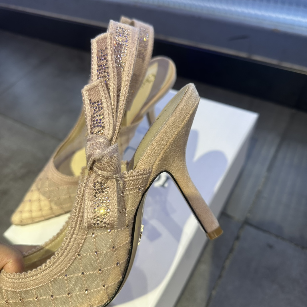 高仿Dior*JAdior系列KCV040尖頭露跟高踭鞋網面6.5CM粉色免檢版