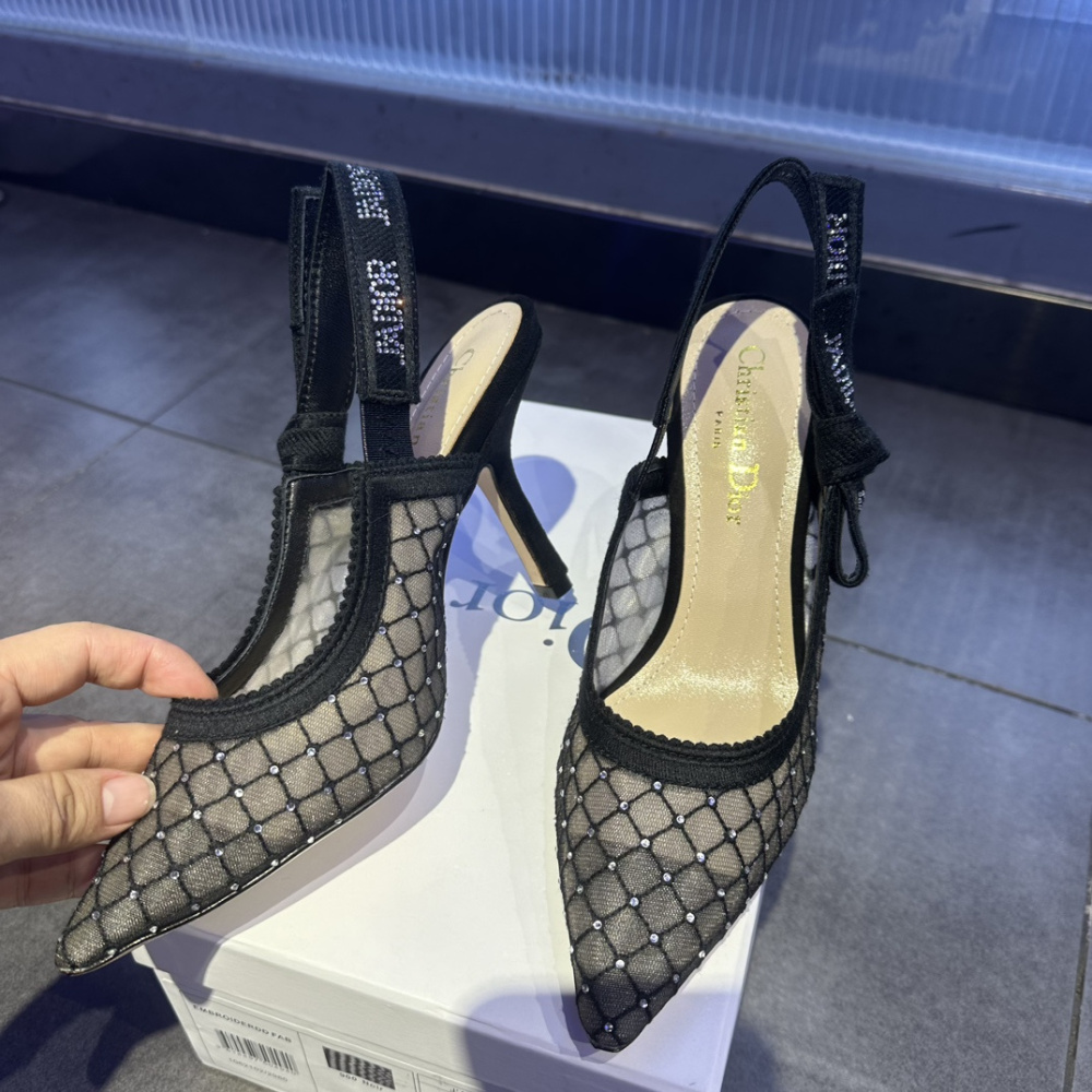 高仿Dior*JAdior系列KCV039尖頭露跟高踭鞋網面6.5CM黑色免檢版
