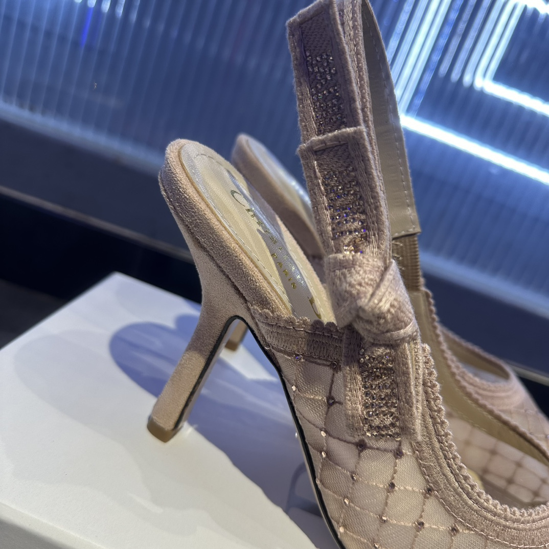 高仿Dior*JAdior系列KCV040尖頭露跟高踭鞋網面6.5CM粉色免檢版