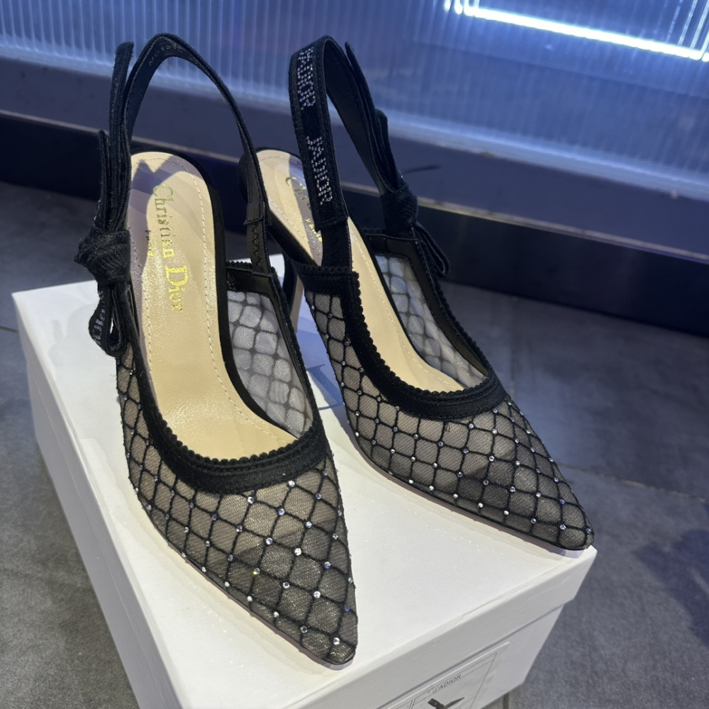 高仿Dior*JAdior系列KCV039尖頭露跟高踭鞋網面6.5CM黑色免檢版